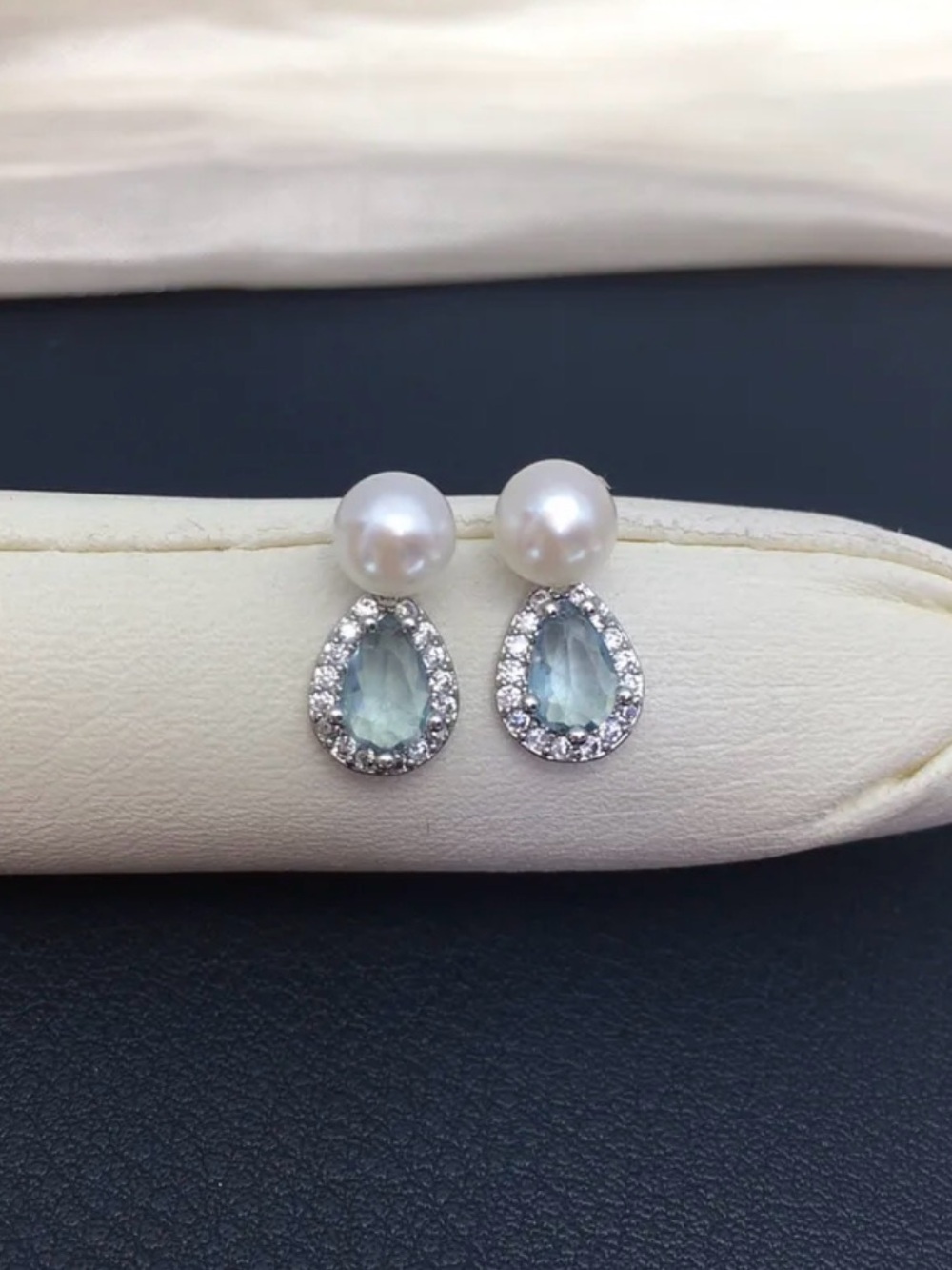Pearl Drop Earrings with Light Blue Teardrop and Crystal Halo NWT